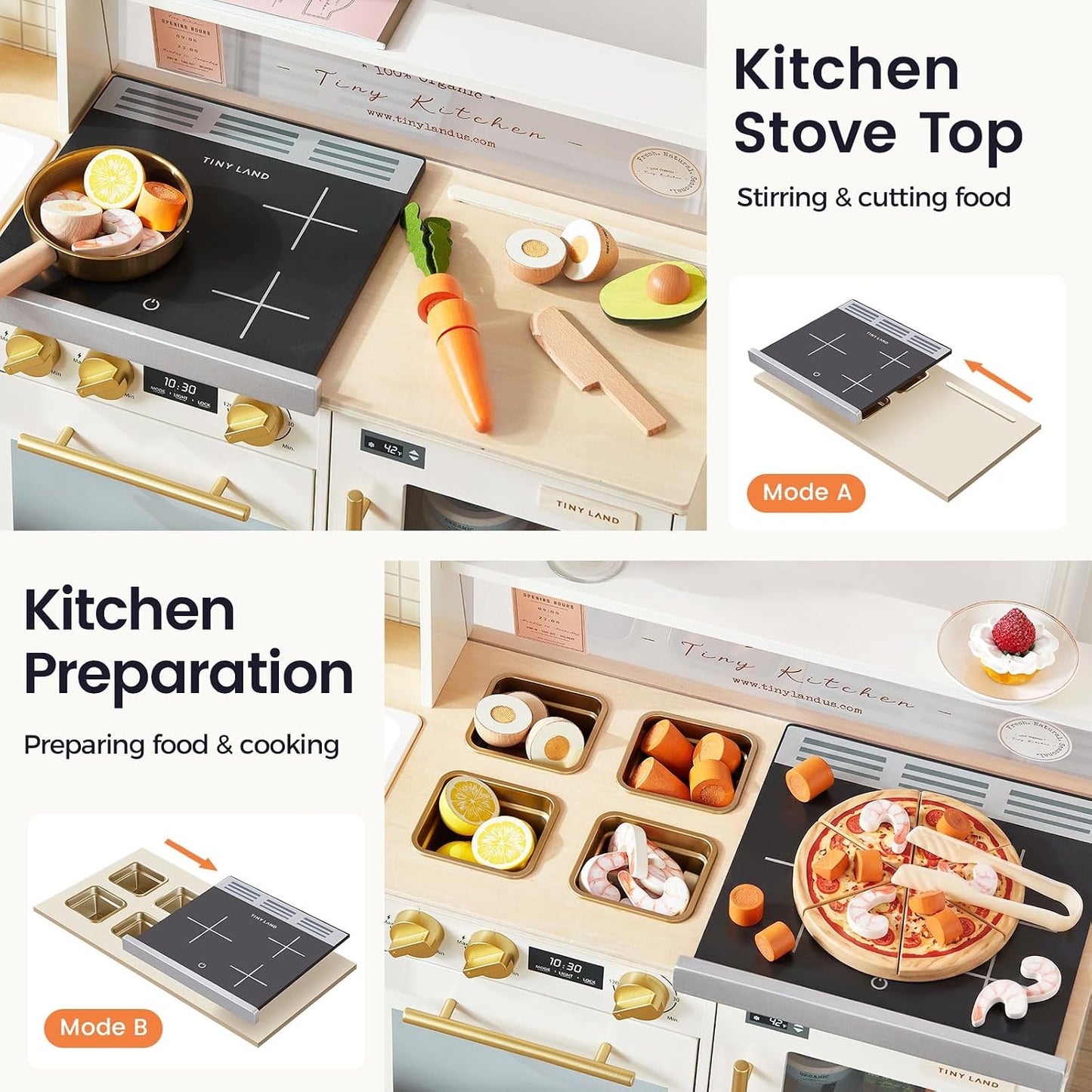 Tiny Land BistroSwitch - Juego de cocina de madera 2 en 1 con pizar...