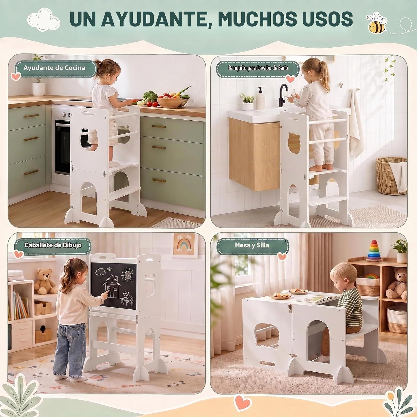 APRTAT Taburete de cocina 4 en 1 para niños pequeños, torre de apre...