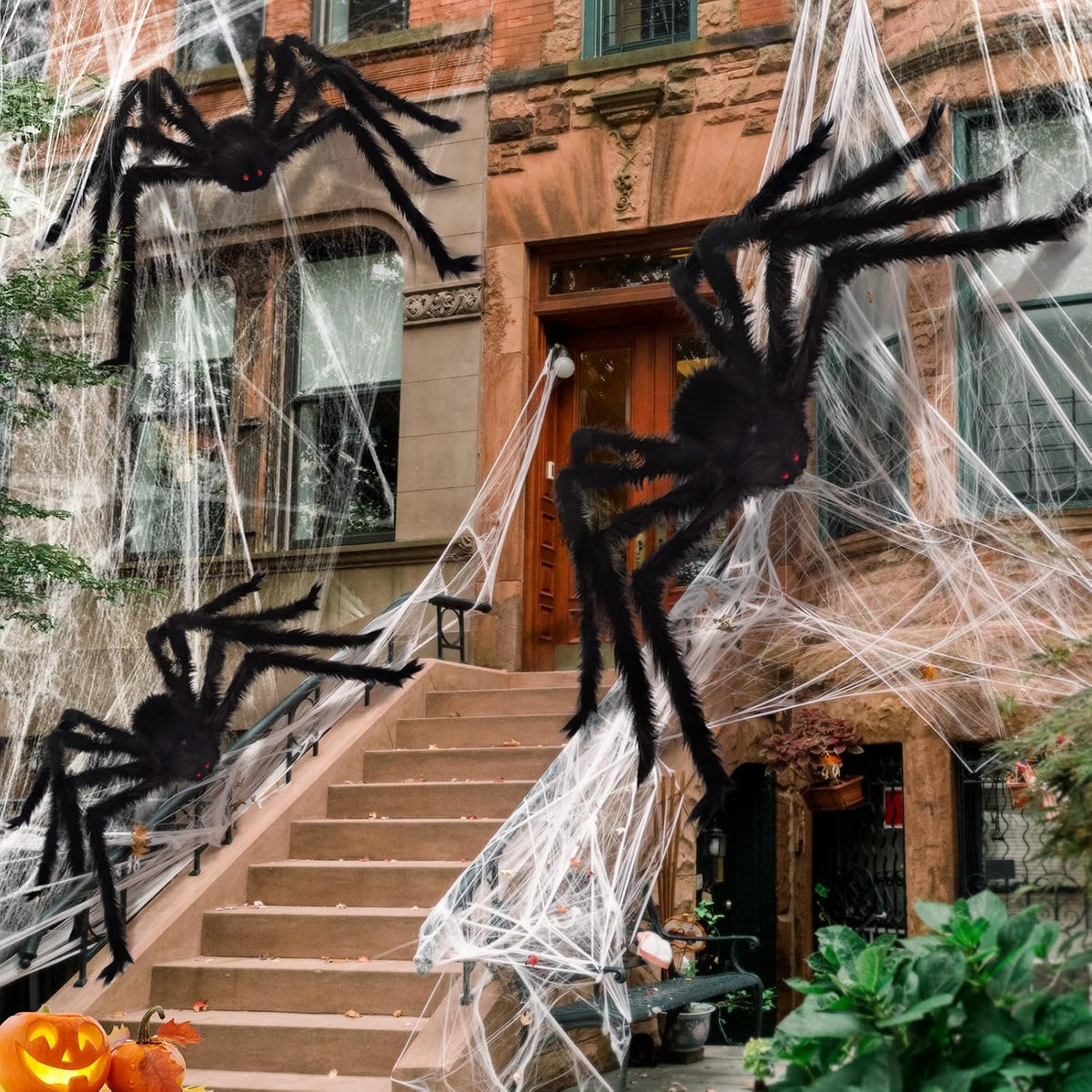 Paquete de 3 arañas gigantes decoraciones de Halloween, araña negra...