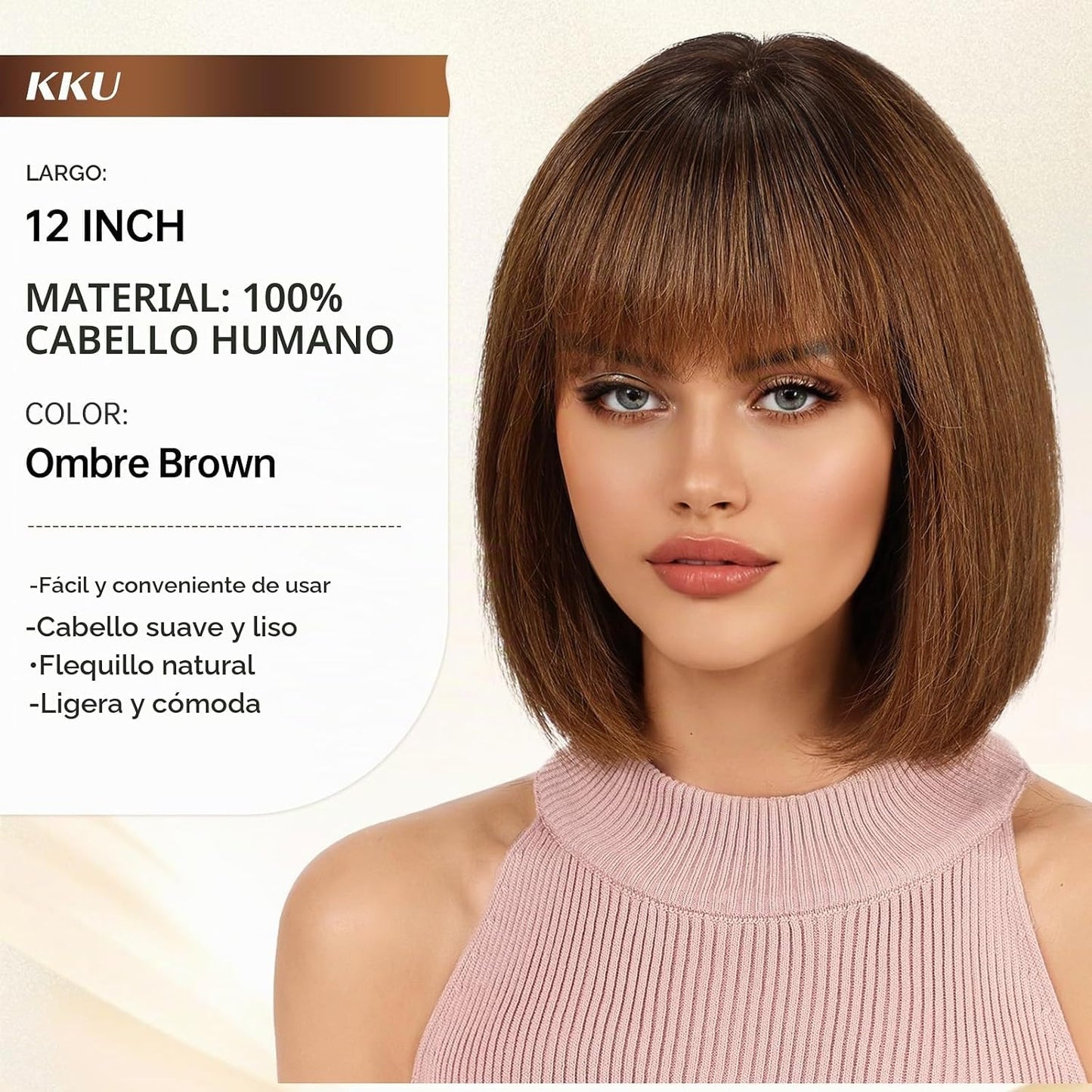 KKU Pelucas de cabello humano marrón degradado para mujer, pelucas...
