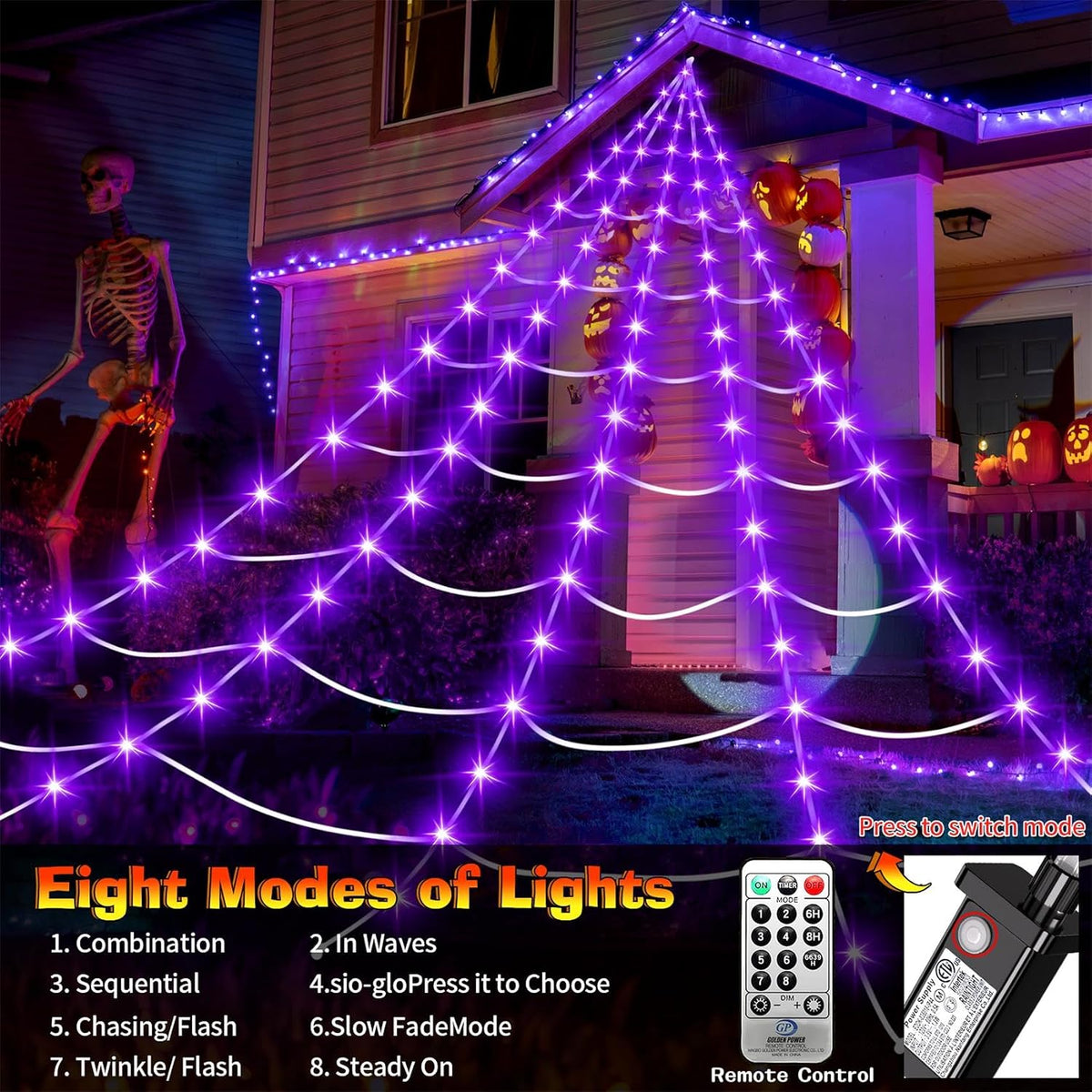 Decoraciones de Halloween al aire libre, 200 luces LED de telaraña...