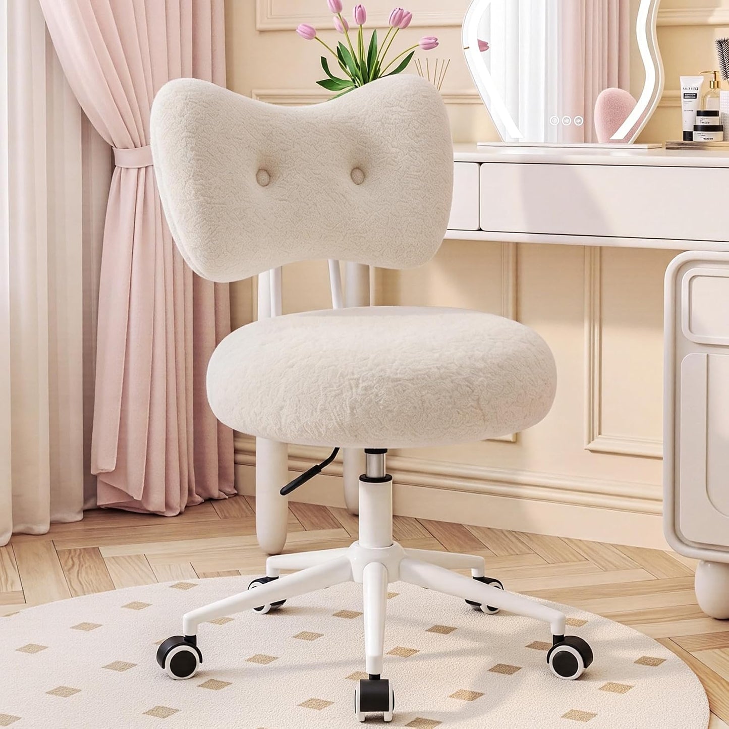 Silla de tocador pequeña con ruedas, cómoda silla de escritorio con...