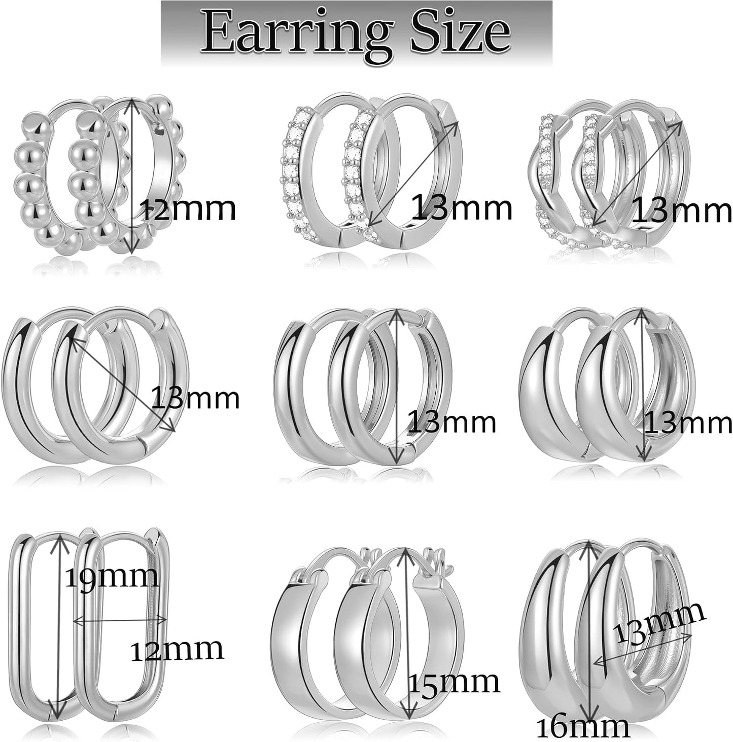 Juego de 9 pares de aretes pequeños tipo aro huggie de oro\/plata p...
