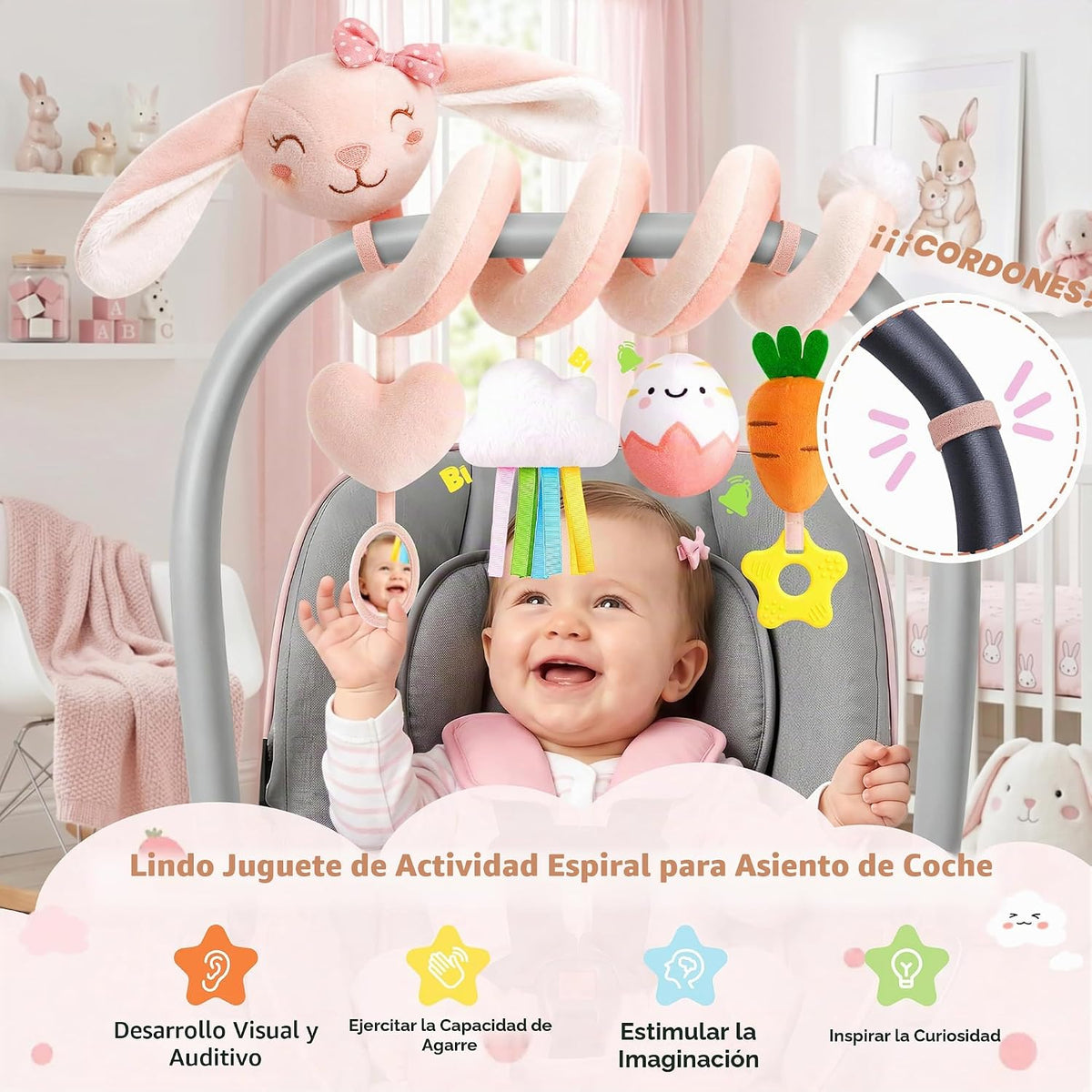 Stuffed Pink Bunny - Juguetes de asiento de coche en espiral para n...