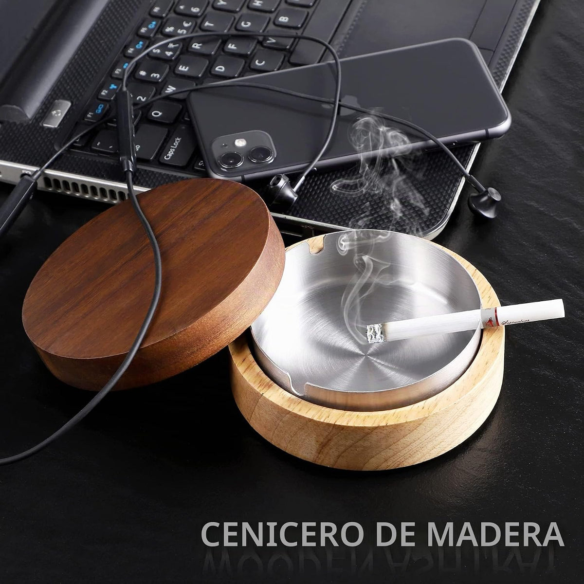 Cenicero de madera con tapa para fumadores, revestimiento de acero...