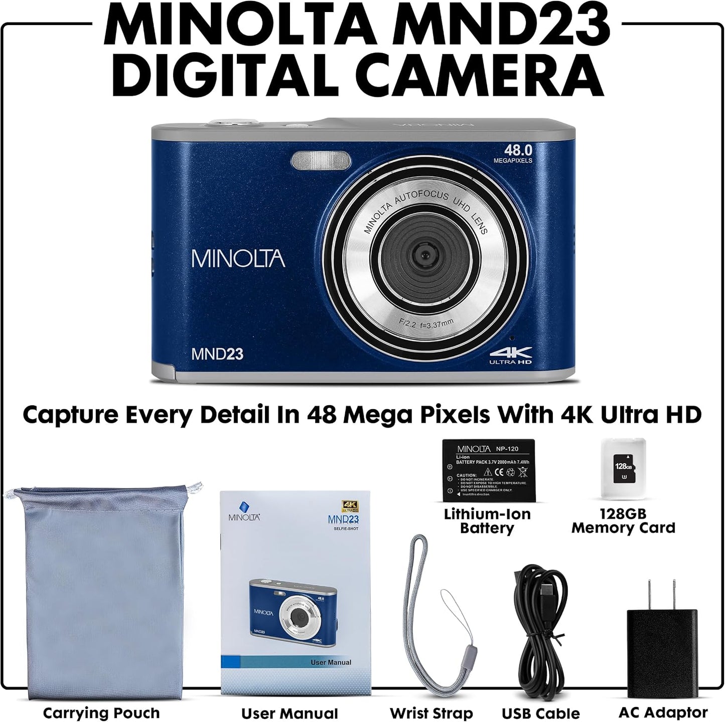 Minolta Minolta MND23 - Cámara selfie 4K Ultra HD de 48 MP con enfo...