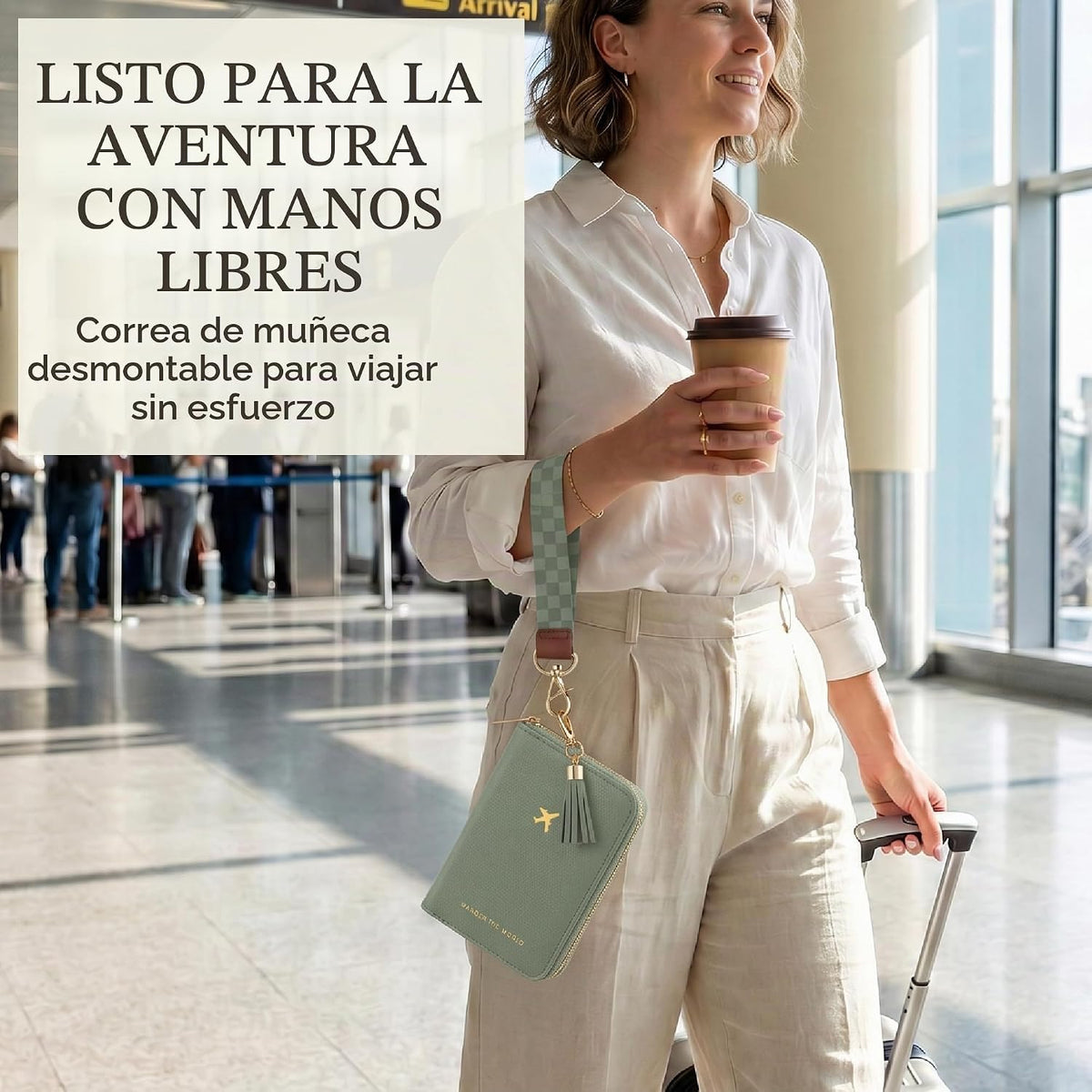 Hermoso soporte para pasaporte y cartera de viaje con correa de muñ...