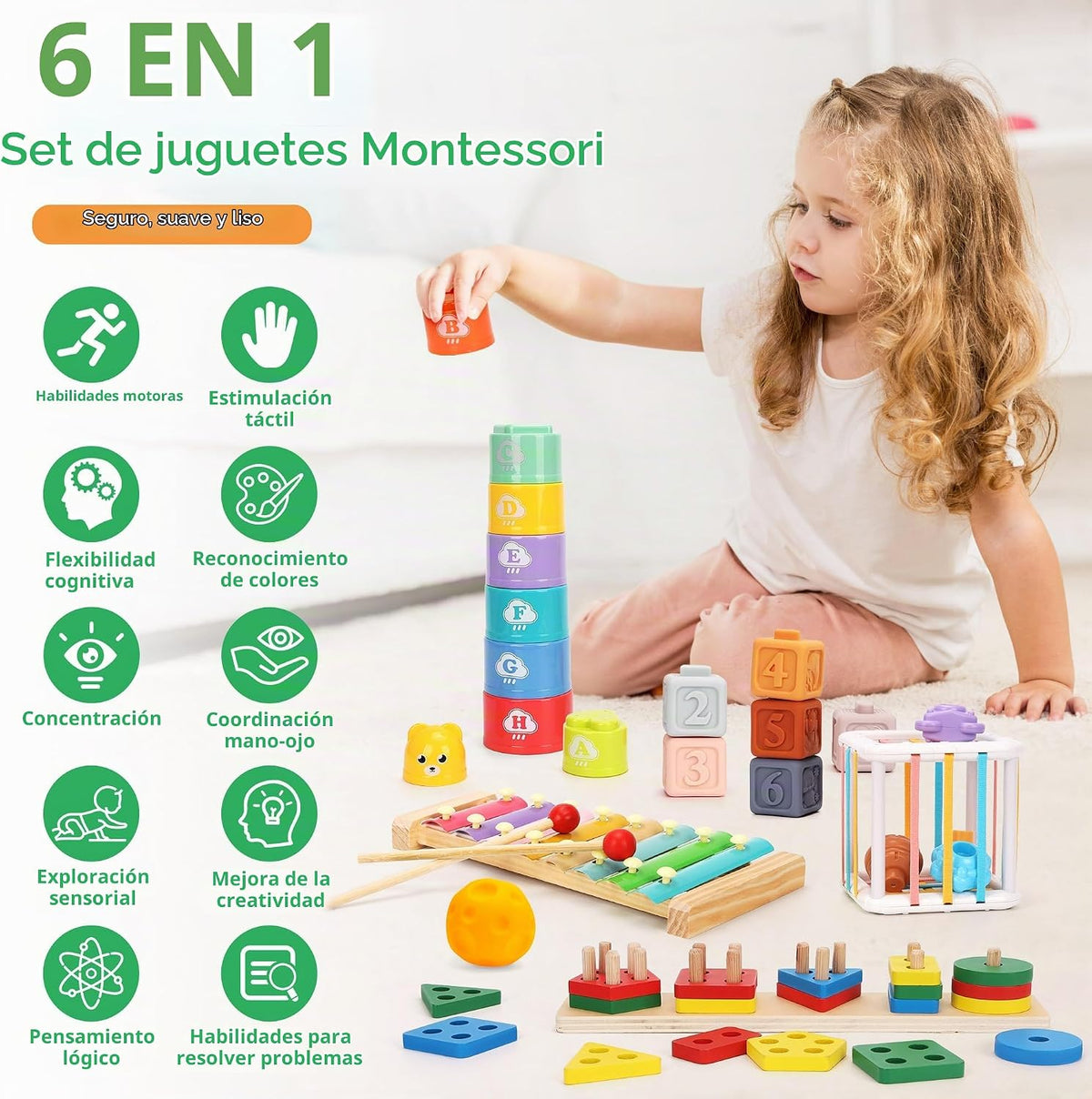 FlufiFiea Juguetes Montessori 6 en 1 para bebés de 6 a 12 a 18 mese...