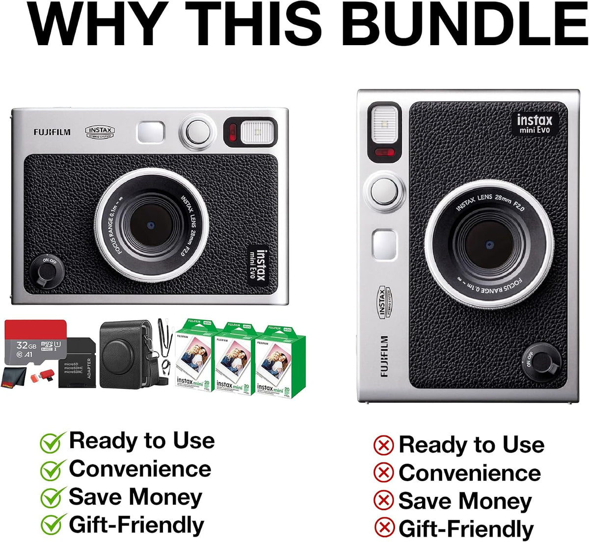 Fujifilm Instax Mini EVO Hybrid Cámara instantánea (negra) con paqu...