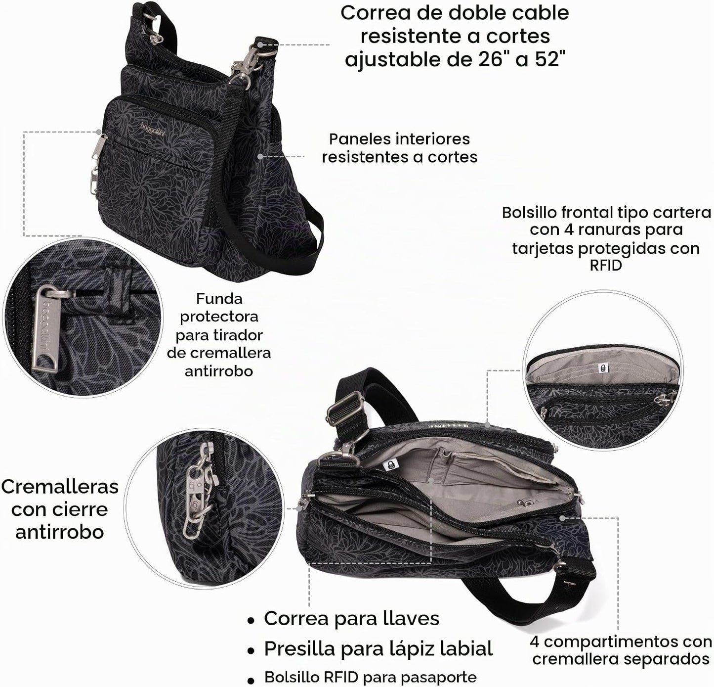 Baggallini Securtex Bandolera cruzada antirrobo 11\u201Dw X 8.5\u20...