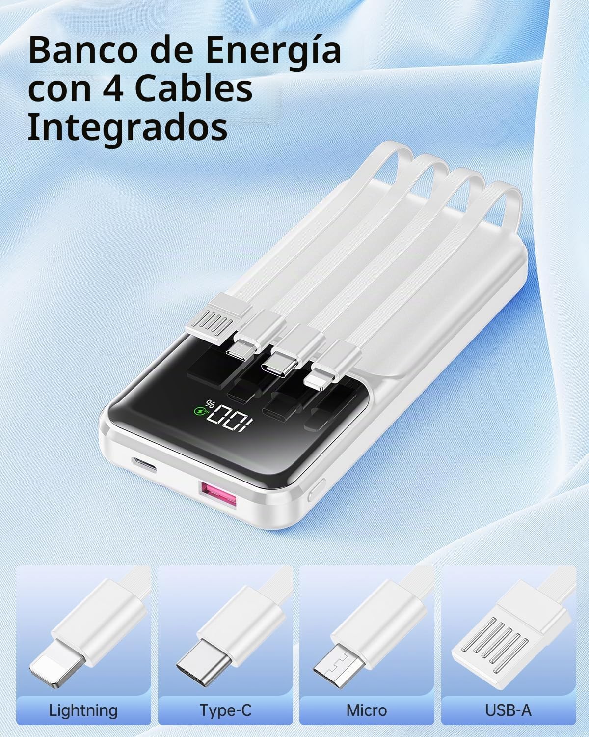 RONEGN Cargador portátil con cable integrado, 20000 mAh, cargador d...