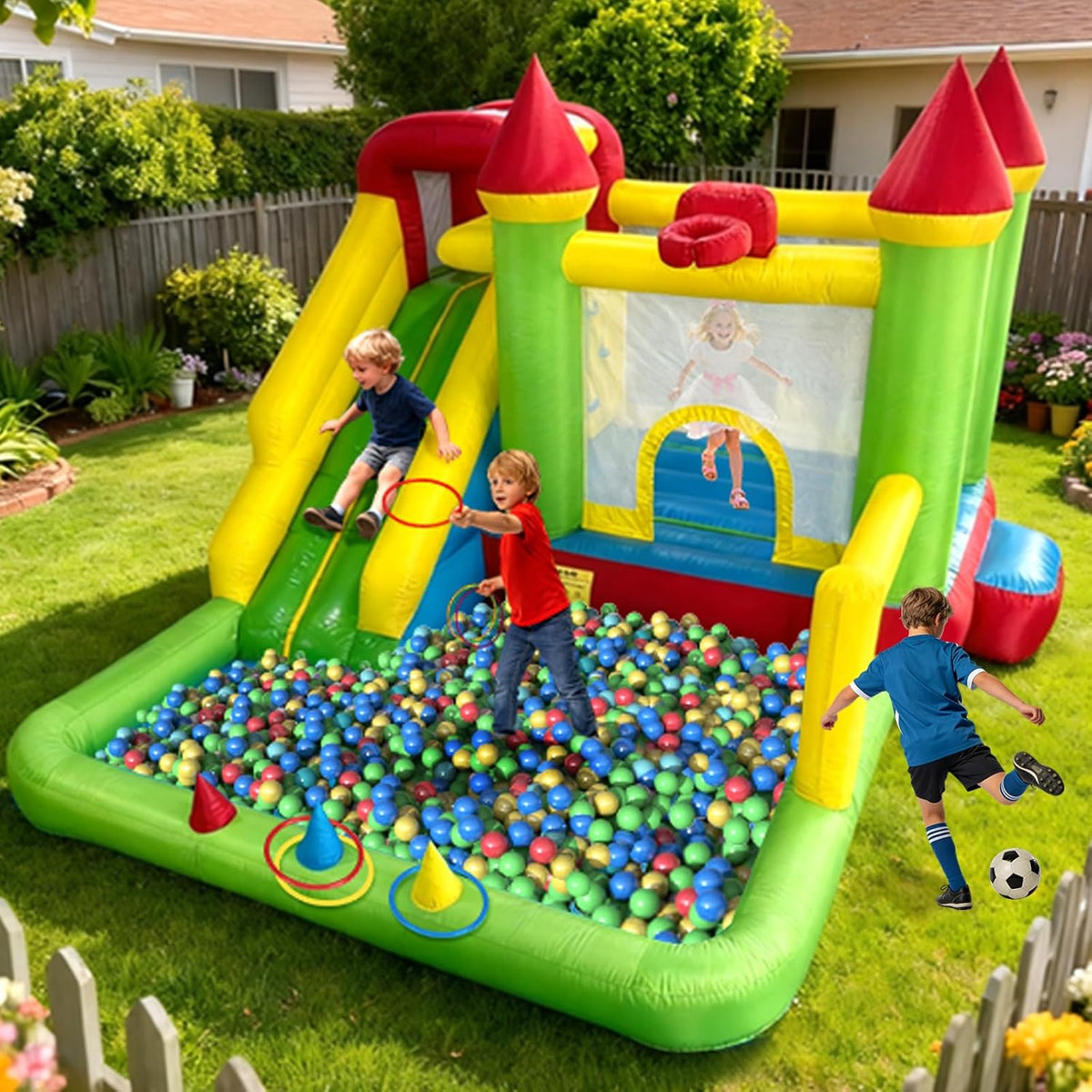 YARD Casa inflable de rebote para niños 3-6, 8 en 1 con tobogán, so...