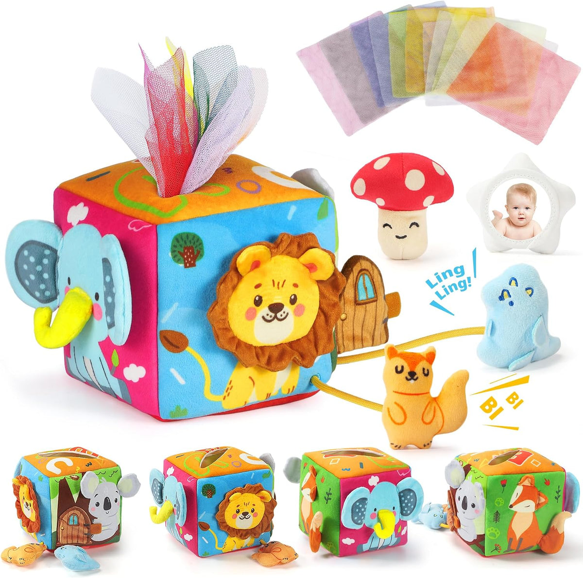 Caja de pañuelos para bebé, juguetes Montessori para niños de 6 mes...