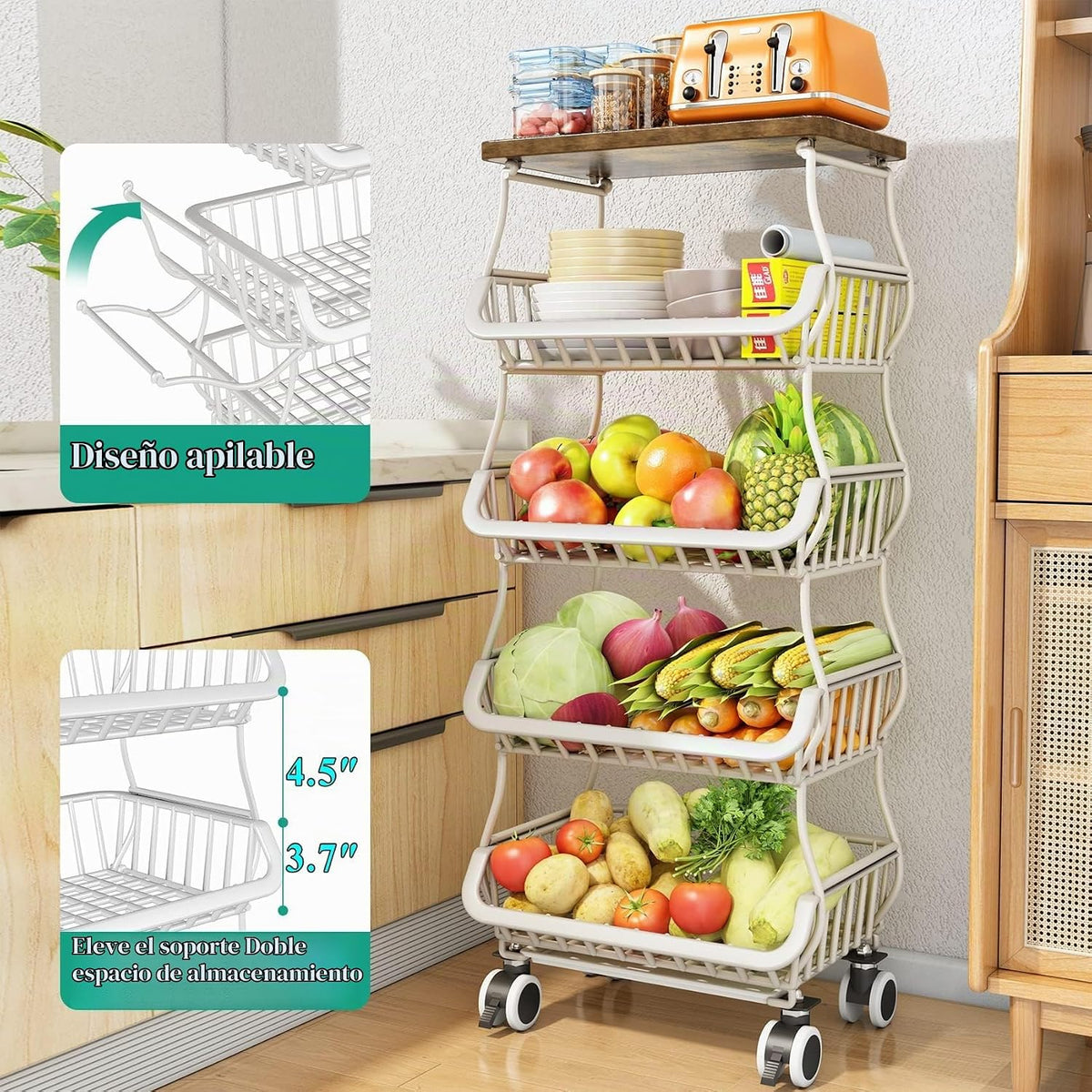 SAYZH Cesta de frutas para cocina con parte superior de madera de 5...