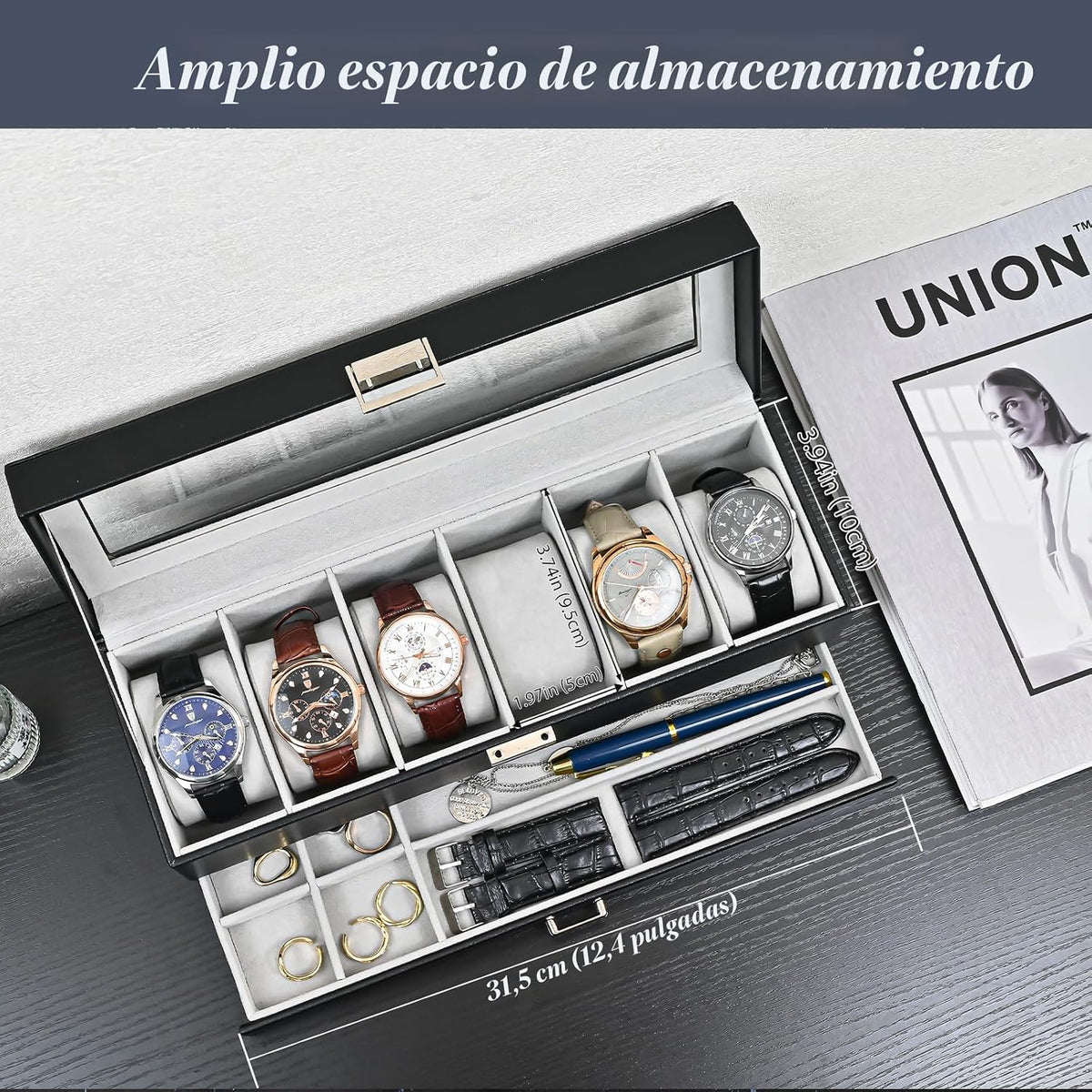 ProCase Caja de reloj, vitrina de reloj de 6 ranuras con cajón, col...