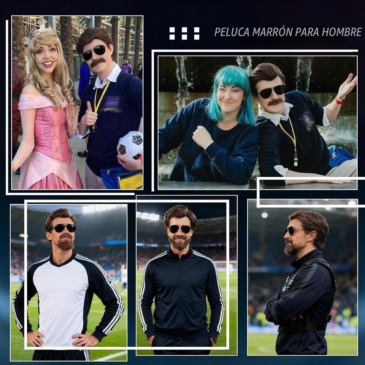 Wallden Hair Peluca corta marrón para hombre, bigote, lentes de sol...