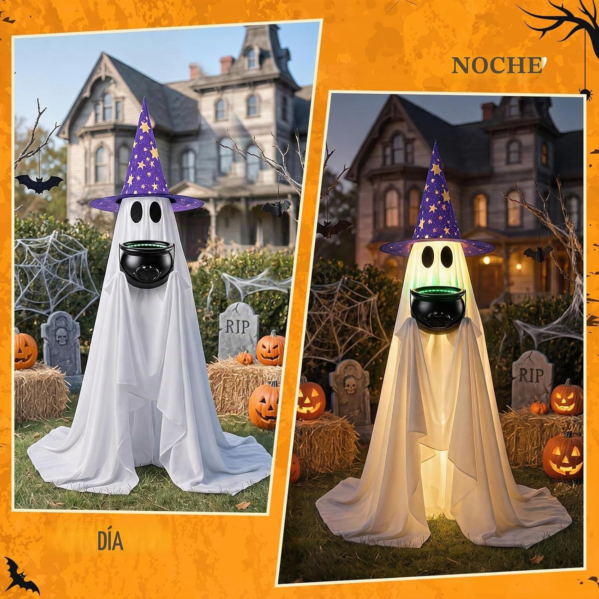 Decoración de fantasmas de dulces de Halloween con caldero iluminad...