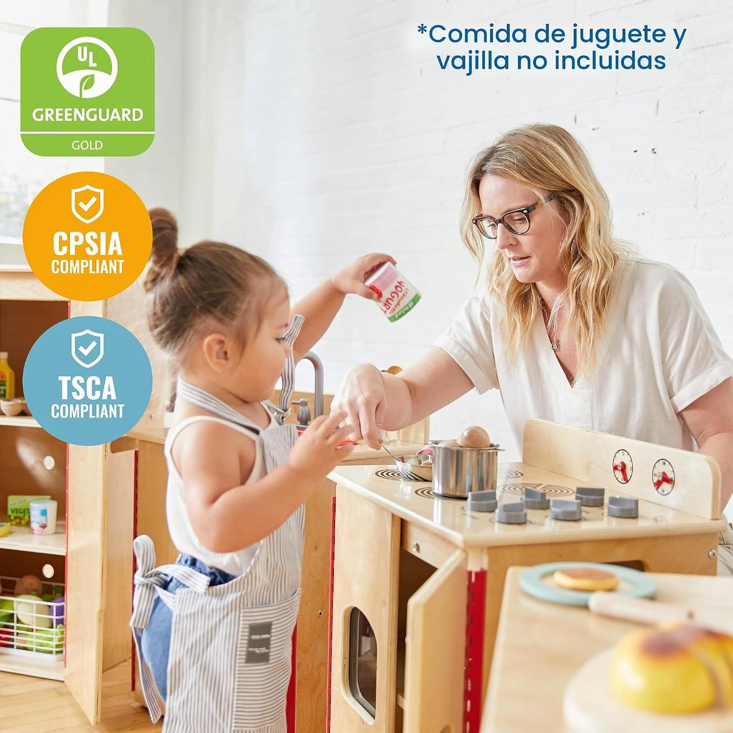 ECR4Kids Estufa de Cocina de Juguete, Set de Juego de Madera, Natural