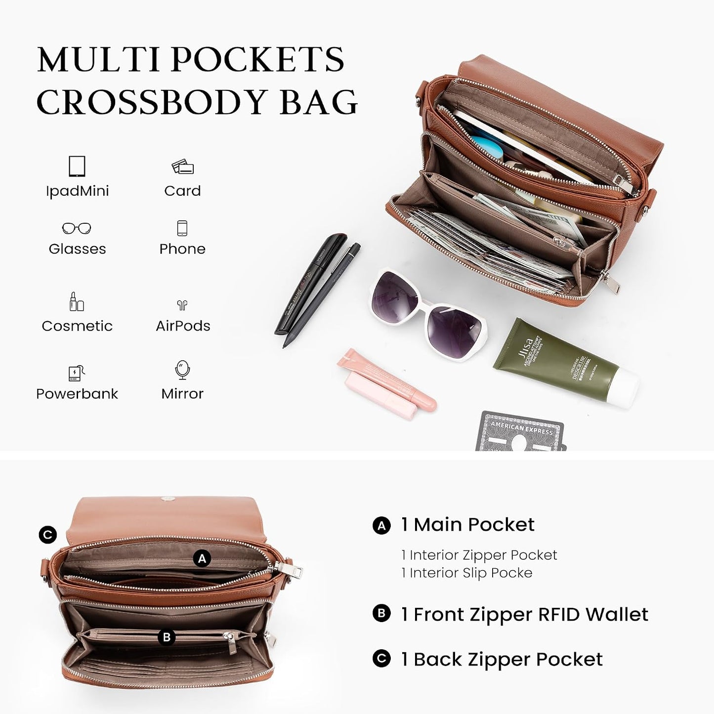 befen Bolsos cruzados de cuero genuino para mujer, bolso mediano co...