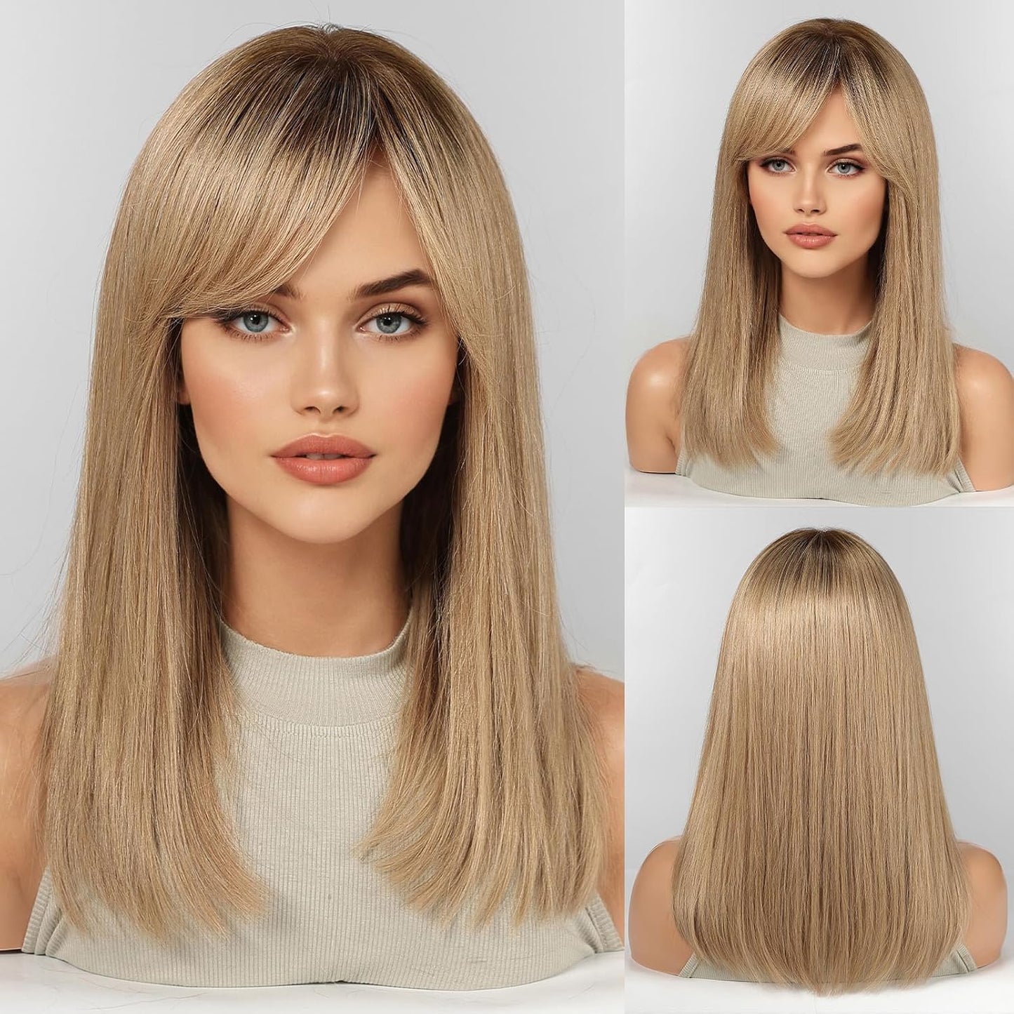 KKU Pelucas de cabello humano rubio ceniza degradado de 16 pulgadas...