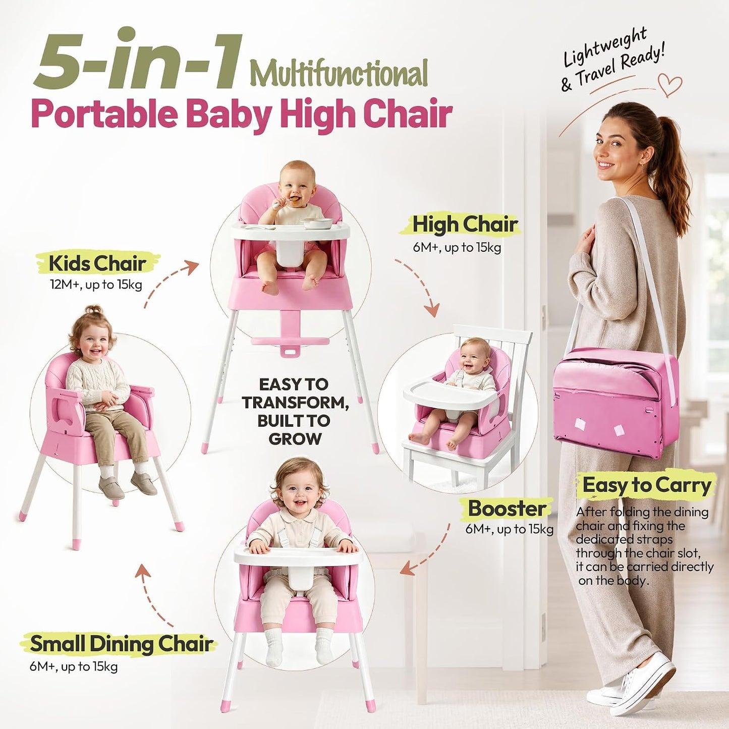 Silla alta plegable 5 en 1, silla alta convertible para bebés y niñ...