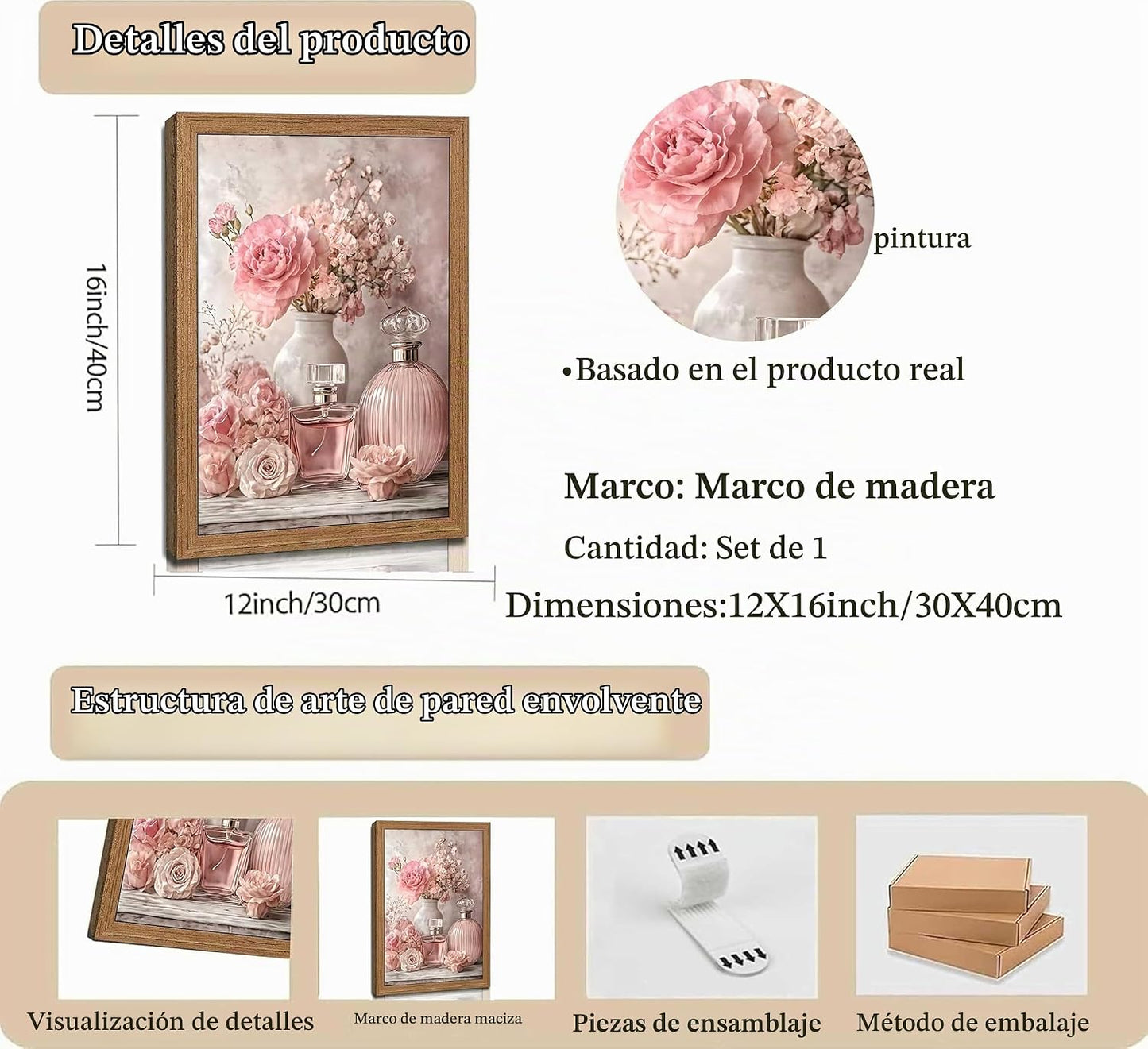 Arte de pared enmarcado de flores rosas, botella de perfume floral...