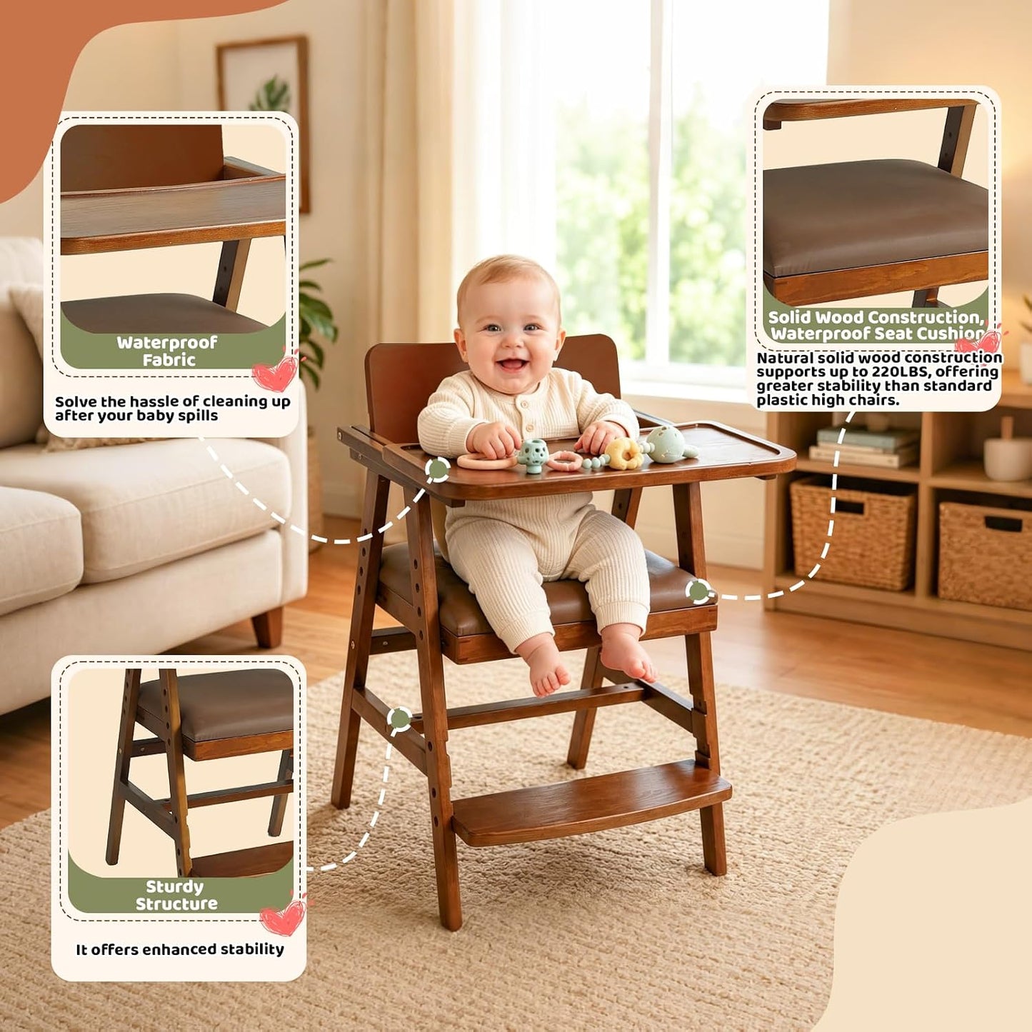 Trona de madera 3 en 1 con escalones y bandeja ajustable para bebés...