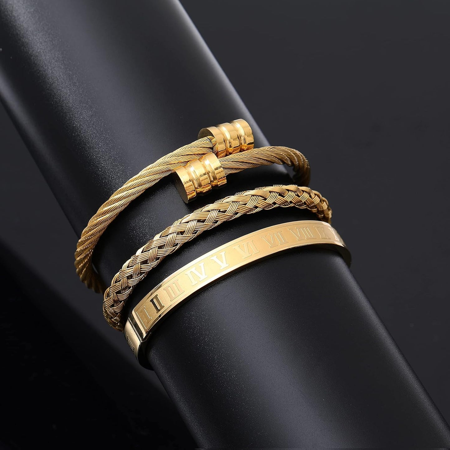 WFYOU 3 pulseras de acero inoxidable para hombres, pulseras de oro...