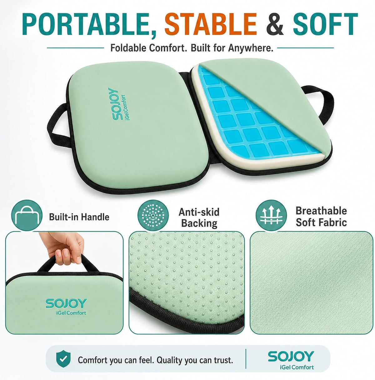 Sojoy Cojín de asiento de gel plegable 3 en 1 con espuma viscoelást...