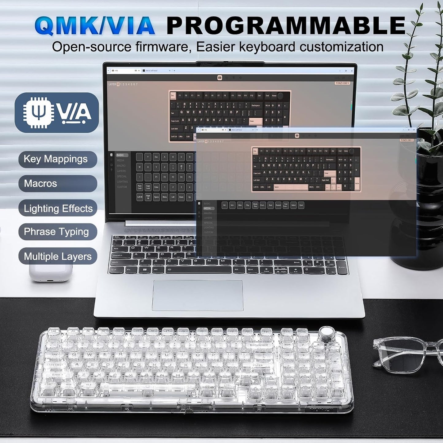 YUNZII X98 QMK\/VIA Teclado mecánico inalámbrico para juegos con pe...
