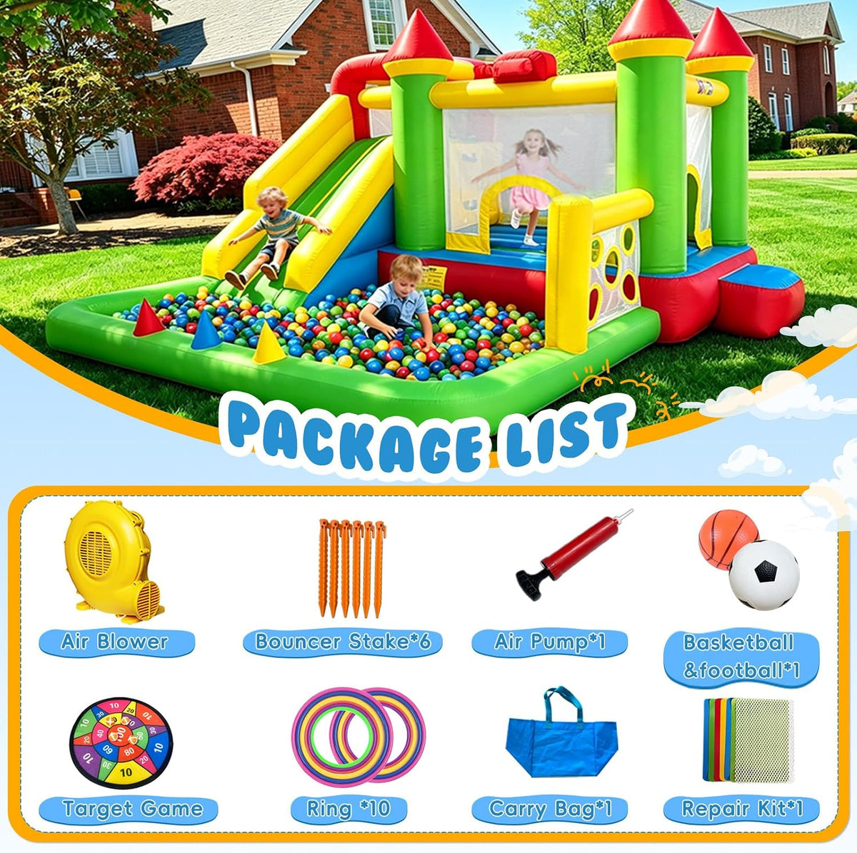 YARD Casa inflable de rebote para niños 3-6, 8 en 1 con tobogán, so...