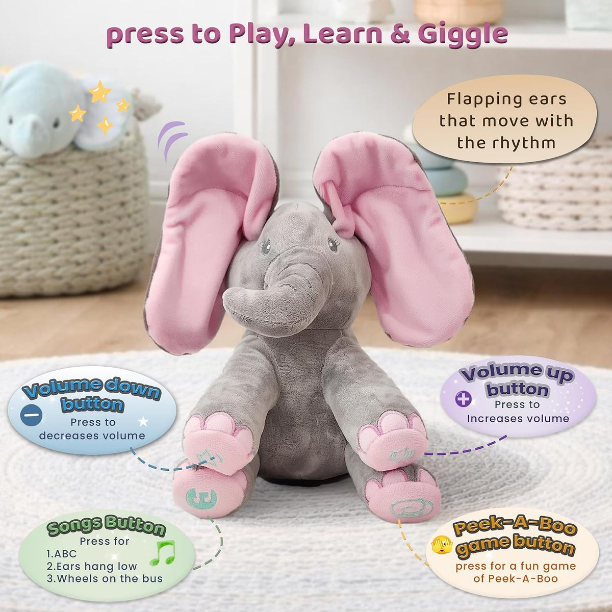 Dimple Kaia Elefante de Peek A Boo, Animal de Peluche Cantando Inte...