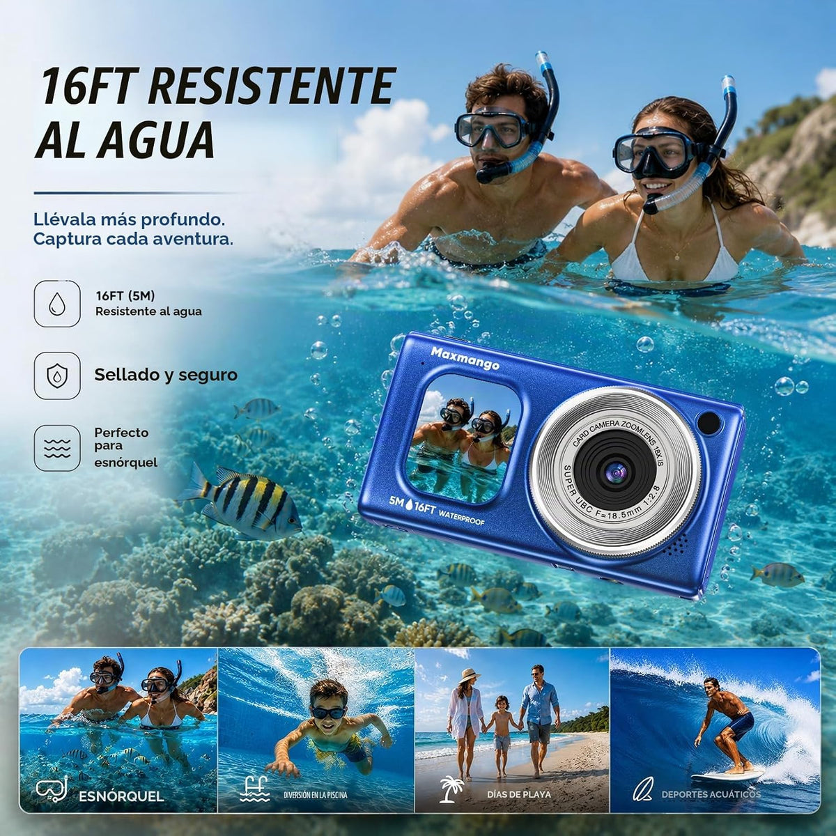 Cámara digital subacuática de 16 pies, 4K 48MP 1500mAh batería desp...