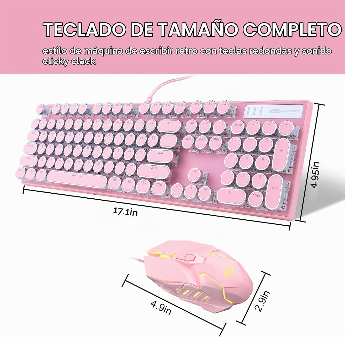 Combo de teclado y mouse estilo máquina de escribir rosa retro, bon...