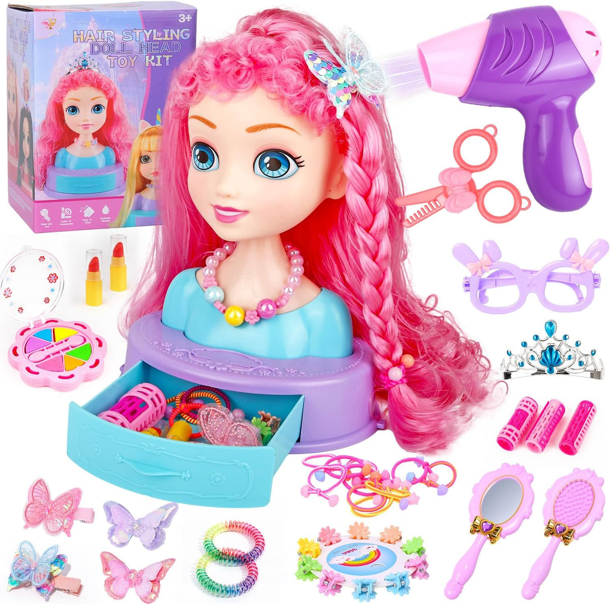 Kryonixty Cabeza de muñeca 4 en 1 para peinar el cabello para niños...