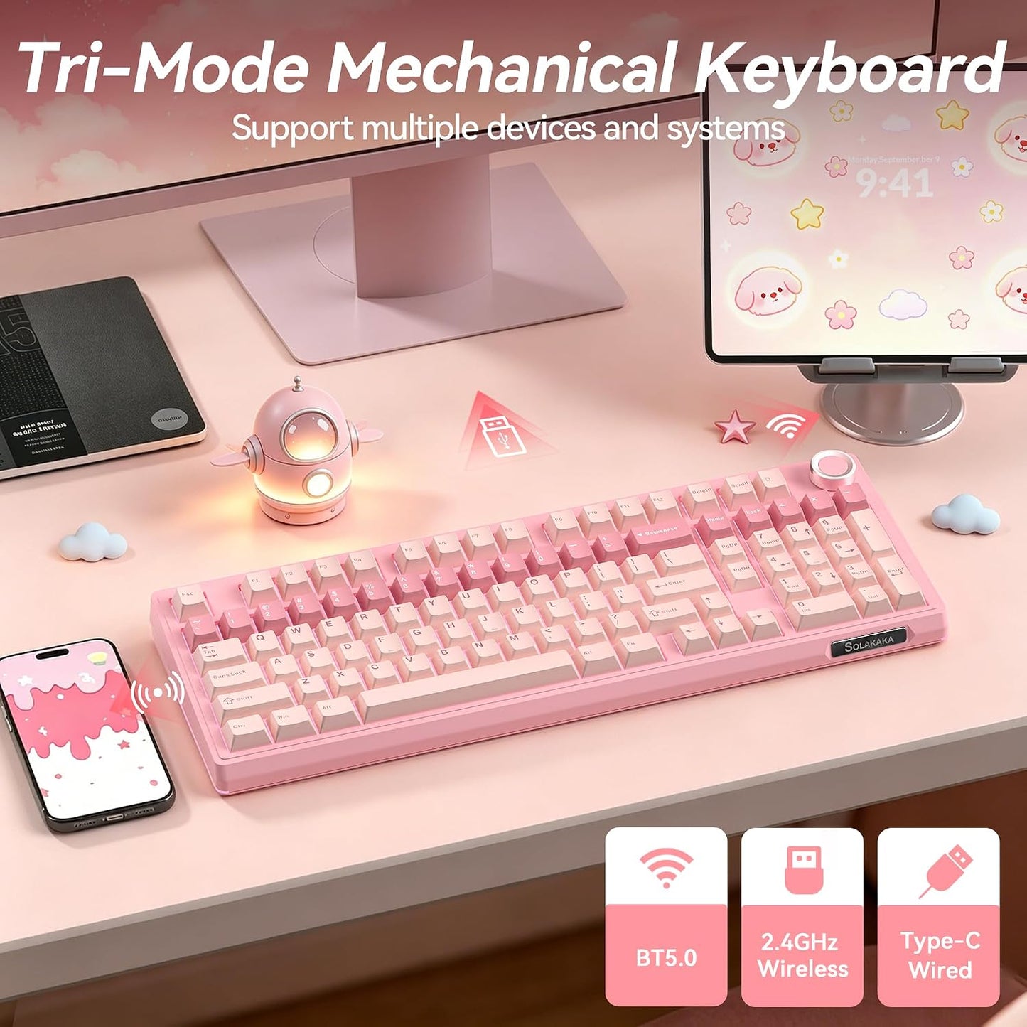 SOLAKAKA Teclado mecánico inalámbrico KI99 Pro 96% (rosa, interrupt...