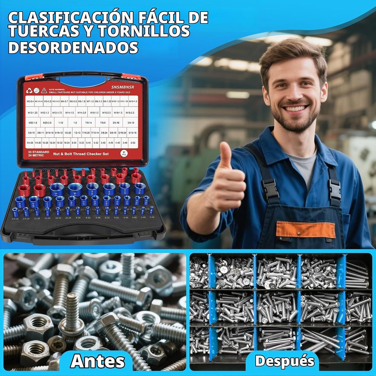 SNSMBNSR 57Pcs Verificador de Roscas, Juego de Verificación de Rosc...