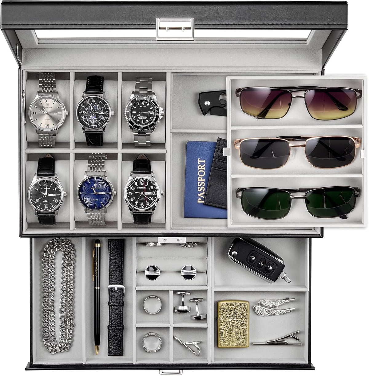ProCase Caja de joyería para hombres, caja de reloj con 6 ranuras c...