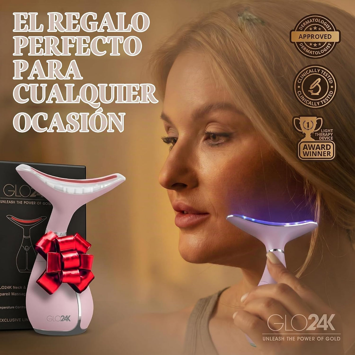Masajeador facial LED GLO24K y varita para el cuello, herramienta p...