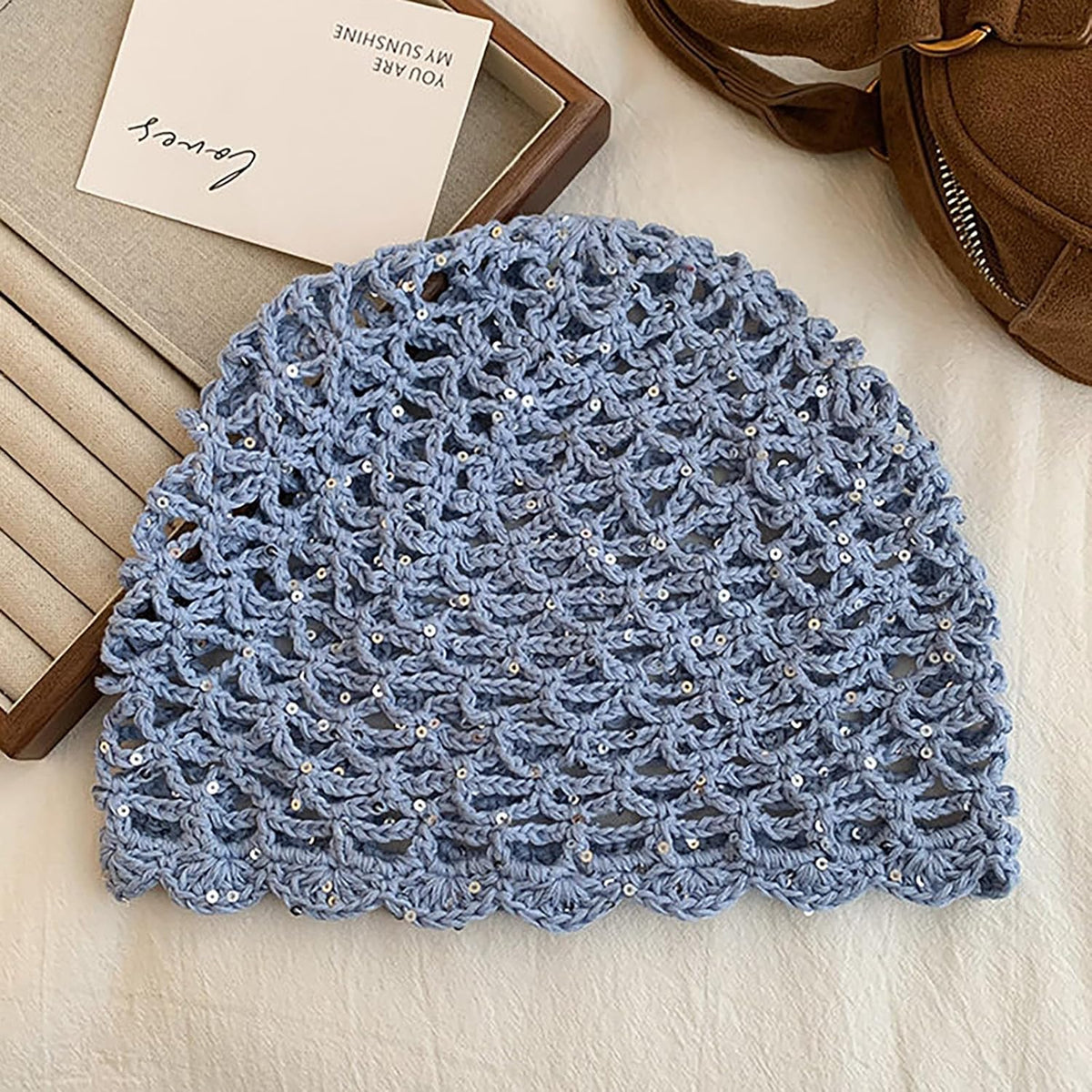 Julpsk Gorro de ganchillo hecho a mano con lentejuelas brillantes d...