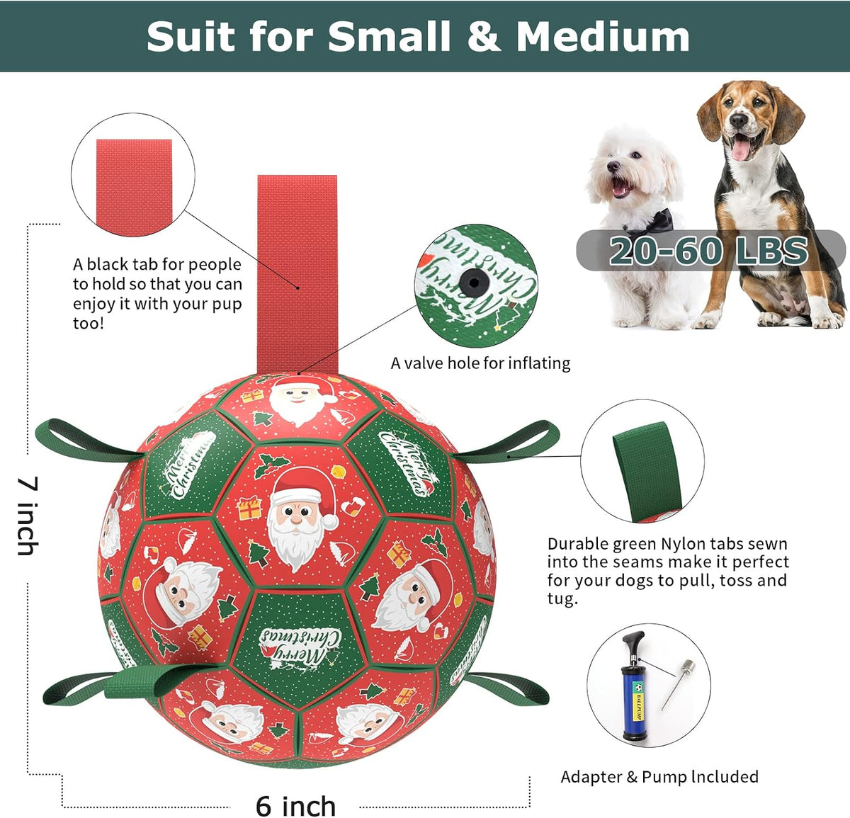 QDAN Pelotas de Navidad para perros con correas, pelota de fútbol p...