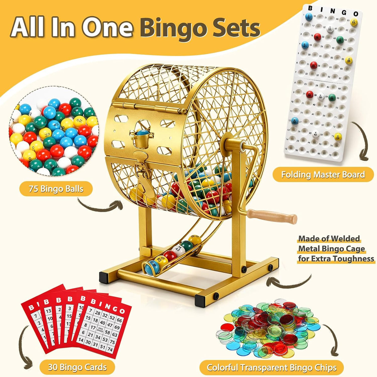 AugFir Juegos de bingo de 12.6 pulgadas de alto con jaula de acero,...