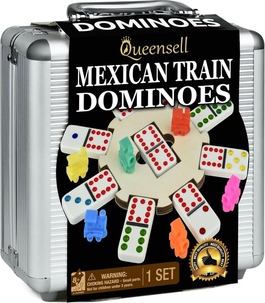 Queensell Juego de dominó de tren mexicano con cubo de madera, jueg...