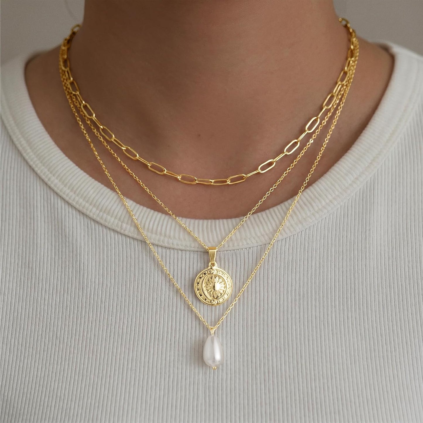 Turandoss Collares en capas para mujer, chapados en oro de 14 quila...