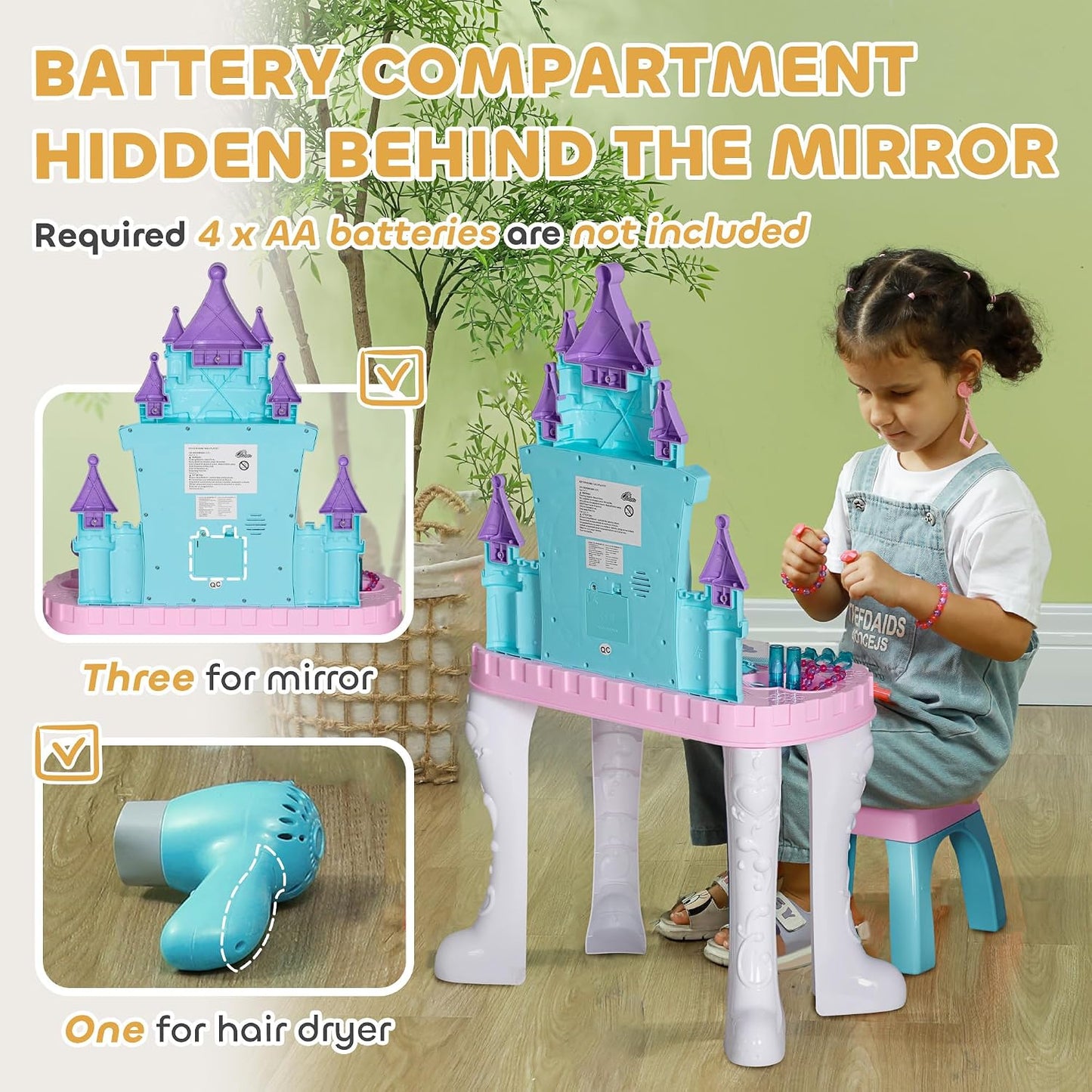 Qaba - Juego de tocador infantil con espejo y taburete para niñas d...