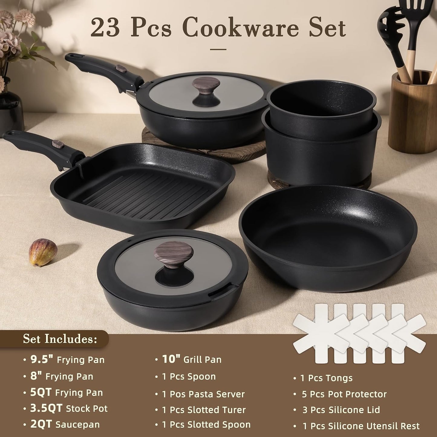 Astercook Juego de 23 ollas y sartenes antiadherentes, juego de ute...