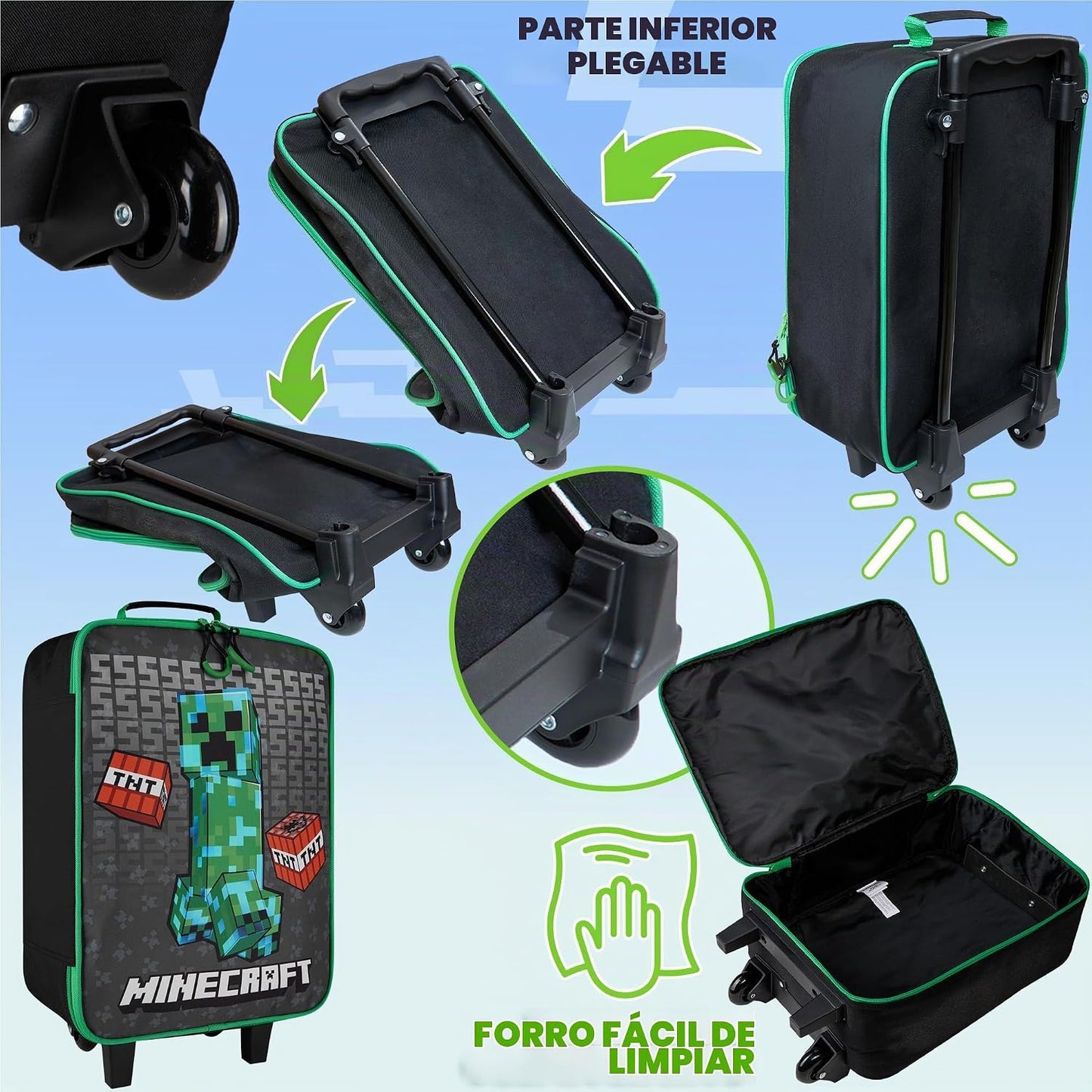 Minecraft - Maleta plegable con ruedas para niños, bolsa de viaje p...
