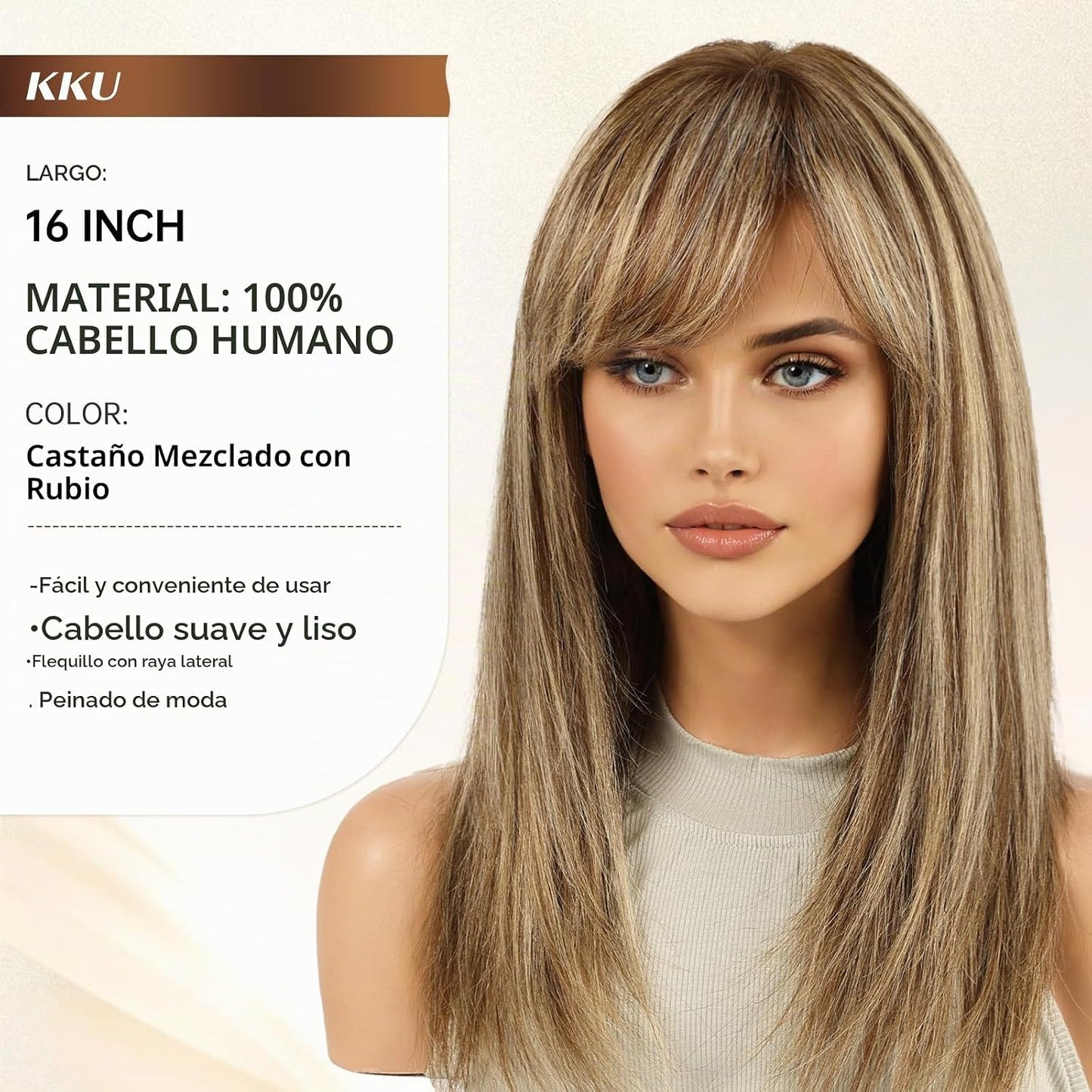 KKU Pelucas de cabello humano rubio mezclado con castaño de 16 pulg...