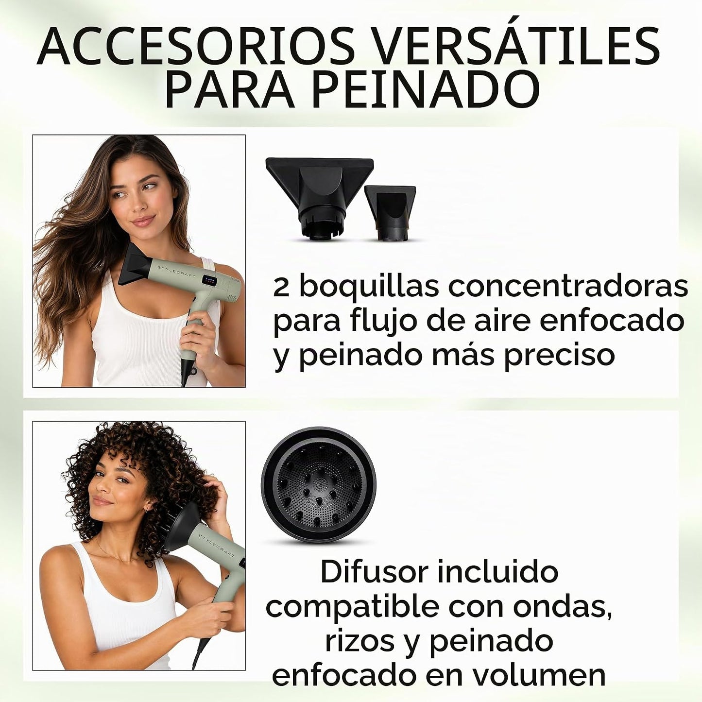 StyleCraft Sage Secador de pelo profesional ligero con 2 boquillas...
