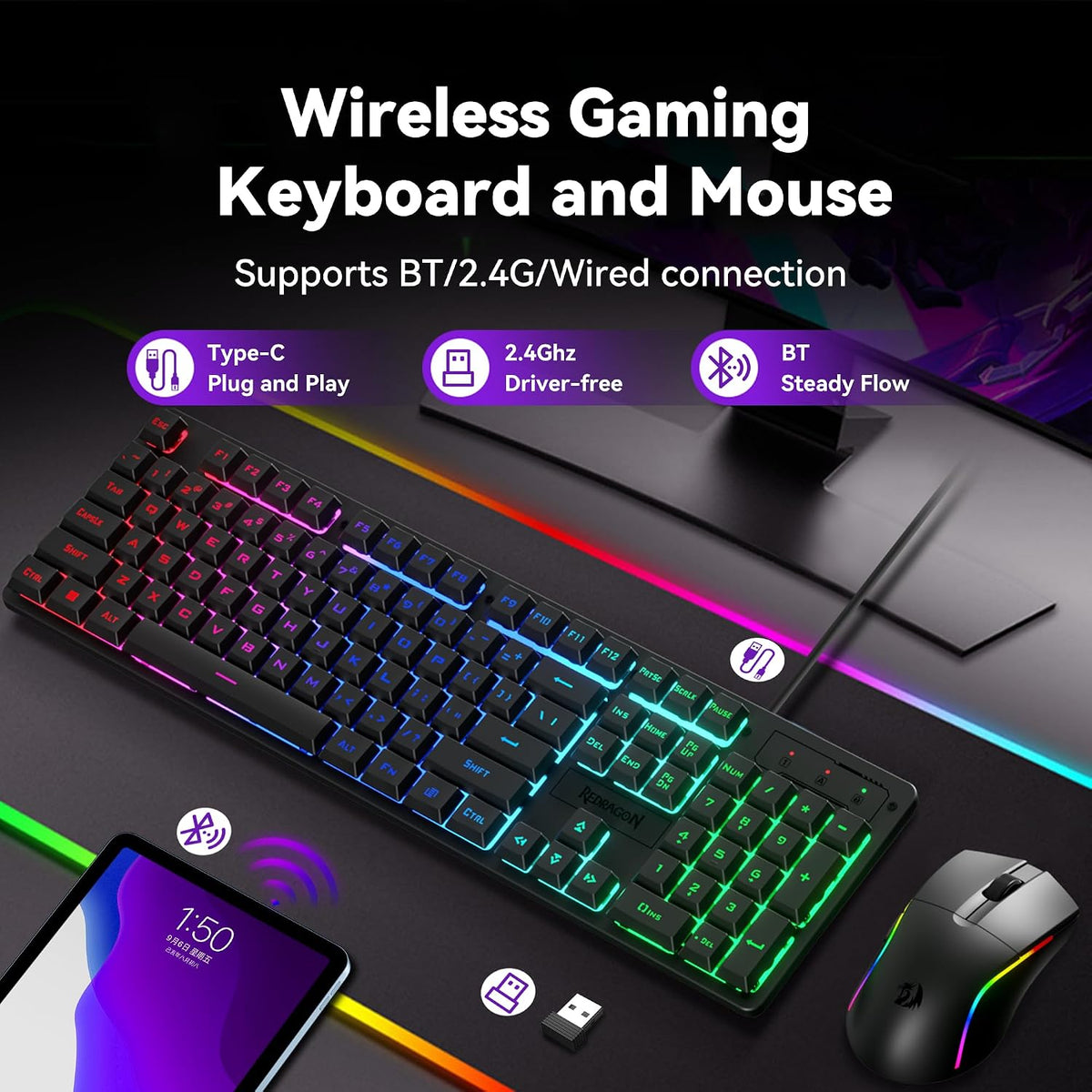 Redragon S107KS - Teclado y mouse inalámbricos para juegos, retroil...